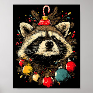Cute Raccoon Christmas Ornaments Festive Xmas Fore Poster