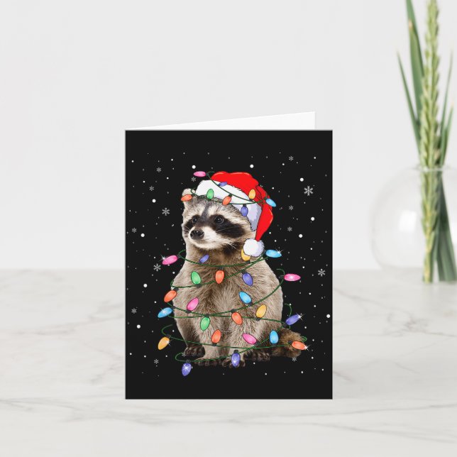 Cute Raccoon Christmas Tree Lights Pajama Raccoon  Card (Front)