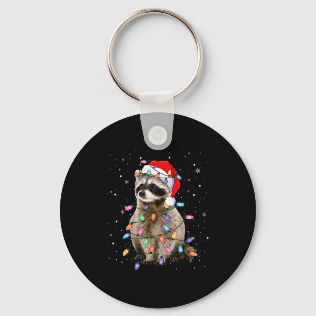 Cute Raccoon Christmas Tree Lights Pajama Raccoon  Key Ring (Front)
