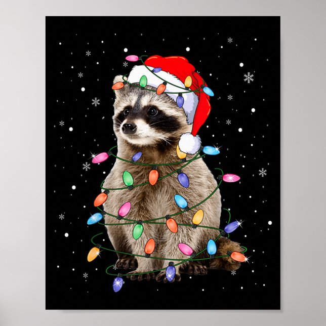 Cute Raccoon Christmas Tree Lights Pajama Raccoon  Poster (Front)