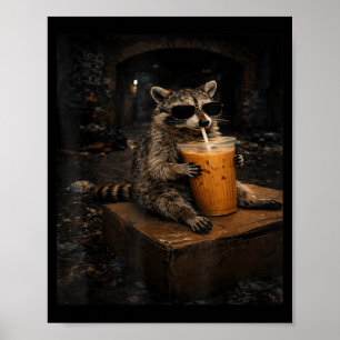 Cute Raccoon Drinking Iced Coffee Funny Poster