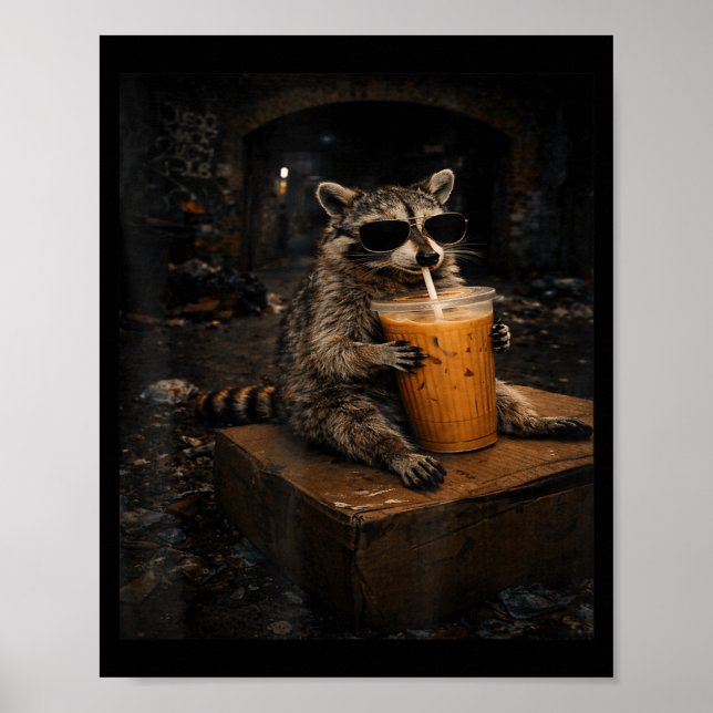 Cute Raccoon Drinking Iced Coffee Funny Poster (Front)