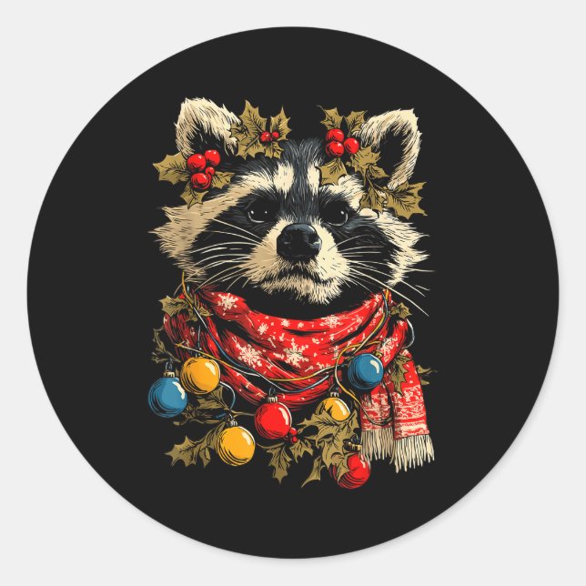 Cute Raccoon F Christmas Lights Festive Forest Ani Classic Round Sticker (Front)