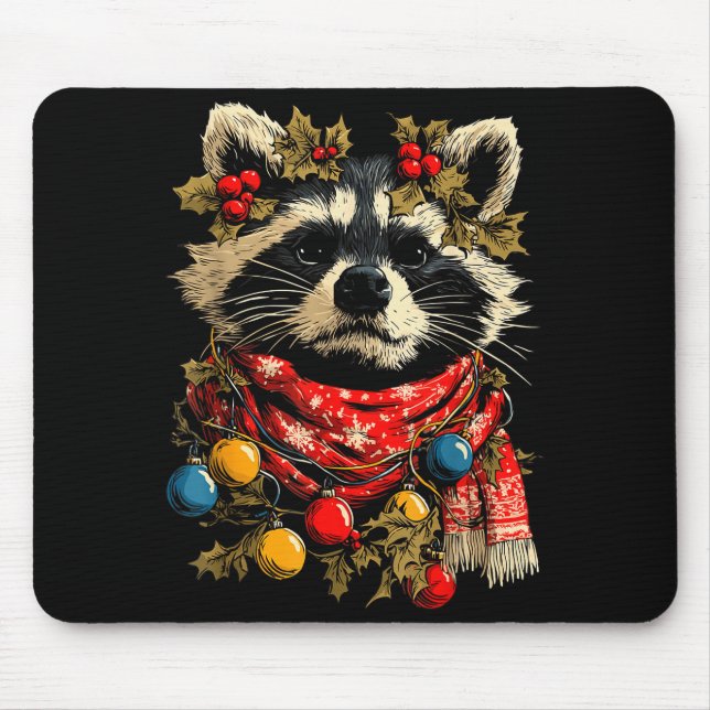 Cute Raccoon F Christmas Lights Festive Forest Ani Mouse Mat (Front)