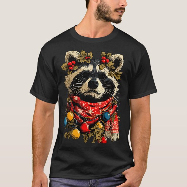 Cute Raccoon F Christmas Lights Festive Forest Ani T-Shirt (Front)
