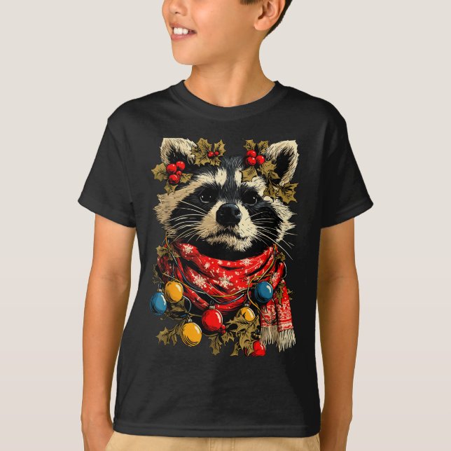 Cute Raccoon F Christmas Lights Festive Forest Ani T-Shirt (Front)
