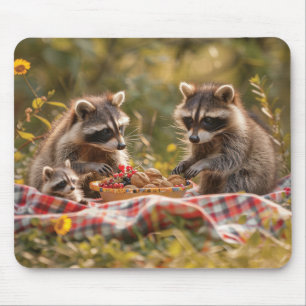 Cute raccoon family having a picnic mouse mat