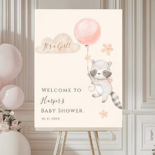 Cute Raccoon Flying Balloon Baby Shower Welcome Poster
