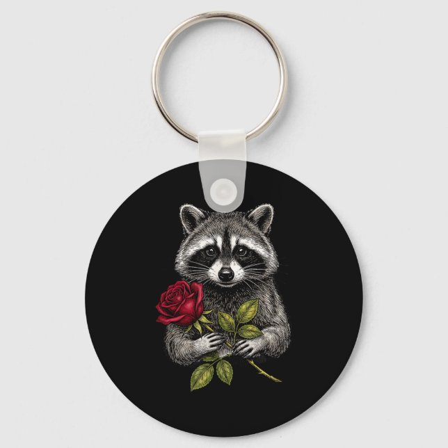 Cute Raccoon Holding A Red Rose Sweet Raccoon Love Key Ring (Front)