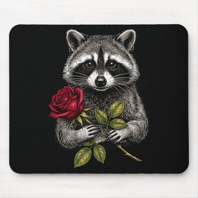Cute Raccoon Holding A Red Rose Sweet Raccoon Love Mouse Mat (Front)