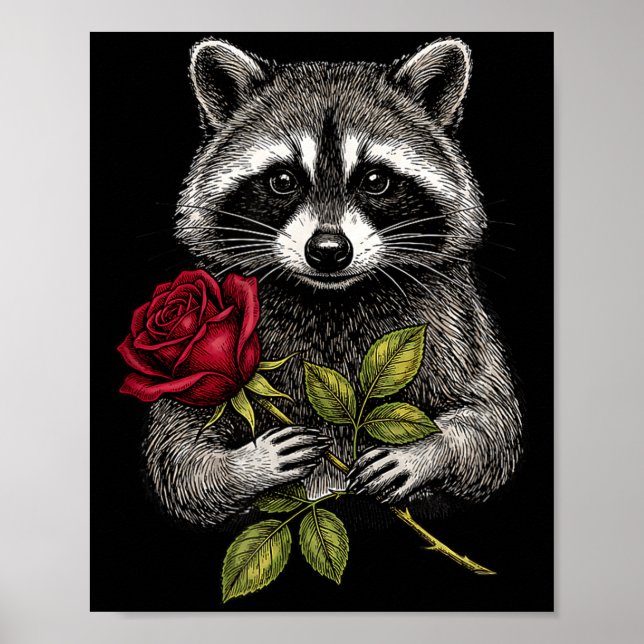 Cute Raccoon Holding A Red Rose Sweet Raccoon Love Poster (Front)
