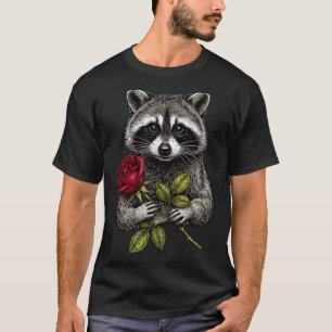 Cute Raccoon Holding A Red Rose Sweet Raccoon Love T-Shirt