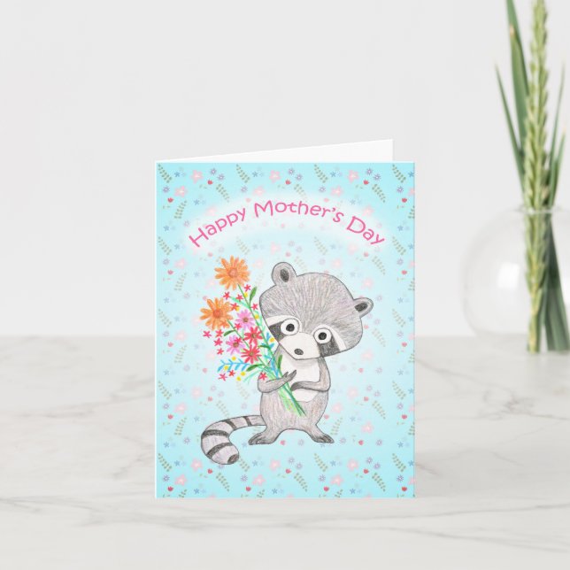Cute Raccoon Holding Flowers Adorable Mothers day Card (Front)