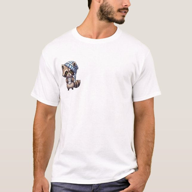 Cute Raccoon Holding Recharge Mode Coffee Cup T-Shirt (Front)