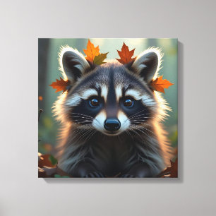 Cute Raccoon in Fall Leaves Canvas Print