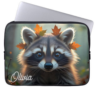 Cute Raccoon in Fall Leaves Personalized Laptop Sleeve