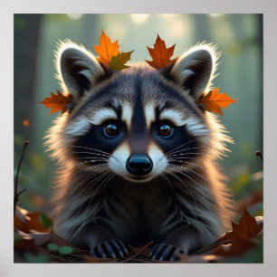Cute Raccoon in Fall Leaves   Poster