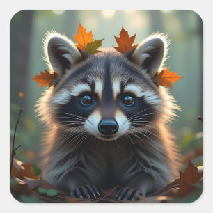 Cute Raccoon in Fall Leaves Square Sticker