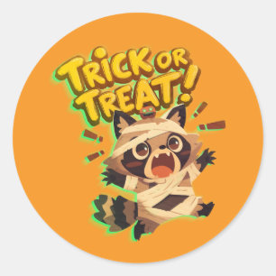 Cute raccoon in mummy costume with Trick or Treat Classic Round Sticker