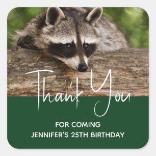 Cute Raccoon Resting on a Log Thank You Square Sticker