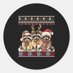 Cute Raccoon Santa Christmas Lights Ugly Xmas Swea Classic Round Sticker