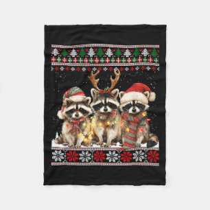 Cute Raccoon Santa Christmas Lights Ugly Xmas Swea Fleece Blanket