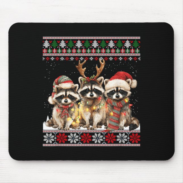 Cute Raccoon Santa Christmas Lights Ugly Xmas Swea Mouse Mat (Front)