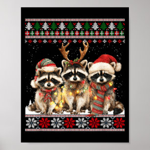 Cute Raccoon Santa Christmas Lights Ugly Xmas Swea Poster