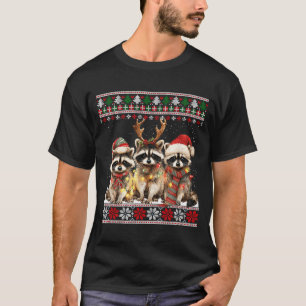 Cute Raccoon Santa Christmas Lights Ugly Xmas Swea T-Shirt