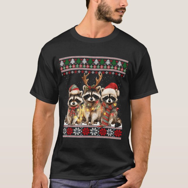 Cute Raccoon Santa Christmas Lights Ugly Xmas Swea T-Shirt (Front)