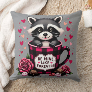 Cute Raccoon Valentine Buffalo Plaid Aesthetic Cushion