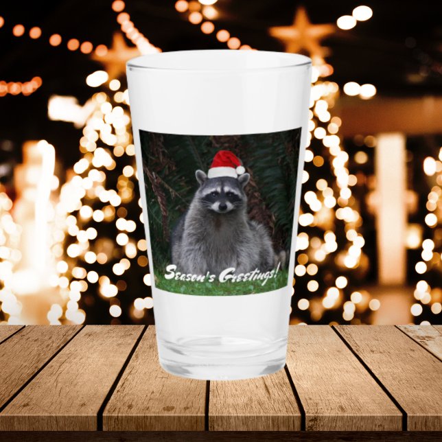 Cute Raccoon Wearing Red Santa Hat Holiday Glass (In Situ)