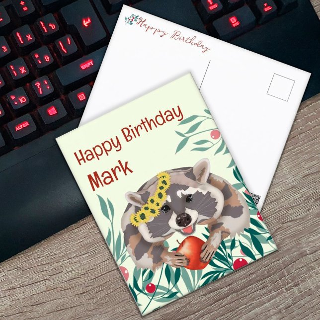 Cute raccoon with apple Happy Birthday  Holiday Postcard (Creator Uploaded)