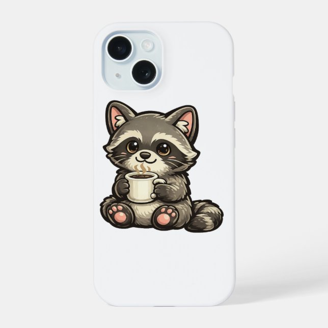 Cute Raccoon with Coffee – Cozy Kawaii Animal iPhone 15 Case (Back)