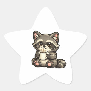 Cute Raccoon with Coffee – Cozy Kawaii Animal Star Sticker