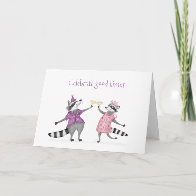 Cute raccoons celebrating card (Front)