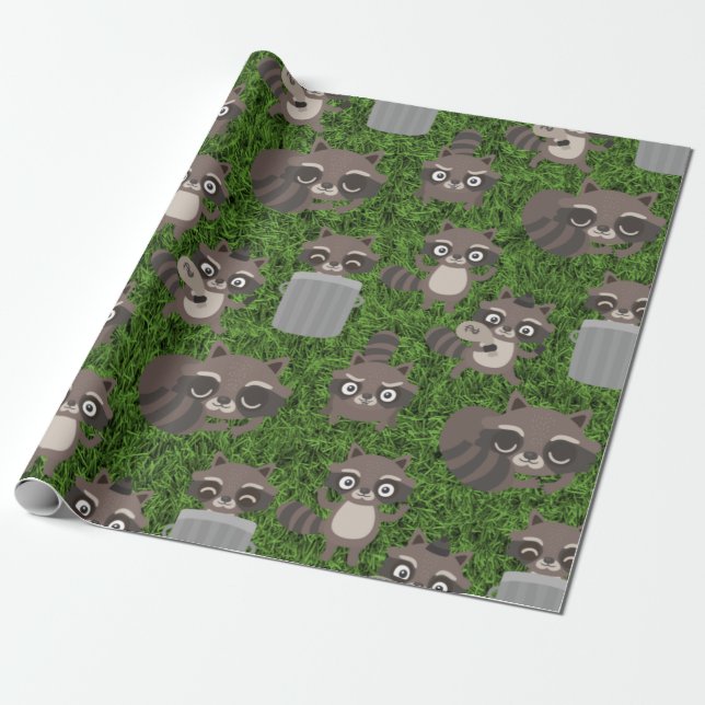 cute raccoons garbage trash cans wrapping paper (Unrolled)