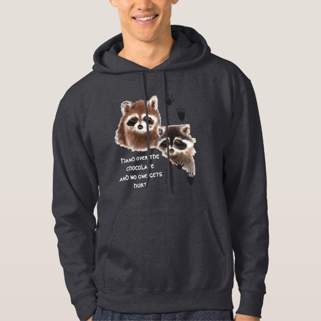 Cute Raccoons hand over Chocolate, Humour Hoodie (Front)