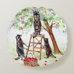 Cute Raccoons in Apple Orchard Round Cushion