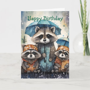Cute Raccoons in the Rain Birthday Card
