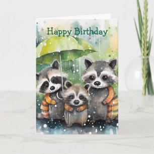 Cute Raccoons in the Rain Birthday Card