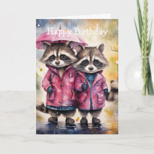 Cute Raccoons in the Rain Birthday Card