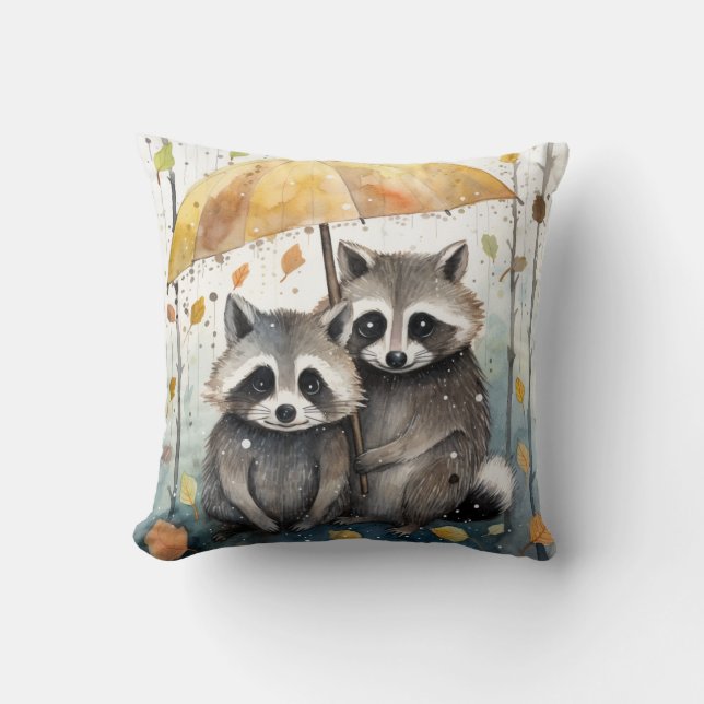Cute Raccoons in the Rain Cushion (Front)