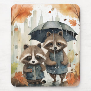Cute Raccoons in the Rain Mouse Mat