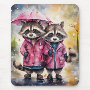 Cute Raccoons in the Rain Mouse Mat