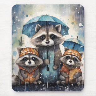 Cute Raccoons in the Rain Mouse Mat