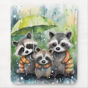 Cute Raccoons in the Rain Mouse Mat