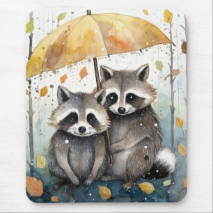 Cute Raccoons in the Rain Mouse Mat