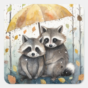 Cute Raccoons in the Rain Square Sticker
