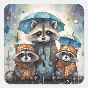 Cute Raccoons in the Rain Square Sticker